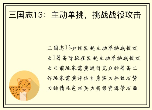 三国志13：主动单挑，挑战战役攻击